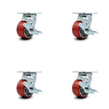 Service Caster 4 Inch Red Poly on Cast Iron Caster Set with Ball Bearings and Brake/Swivel Lock SCC-30CS420-PUB-RS-TLB-BSL-4
